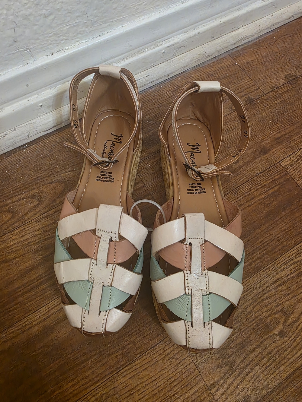 Woven Leather Ankle-Strap Sandals in Cream, Peach & Mint